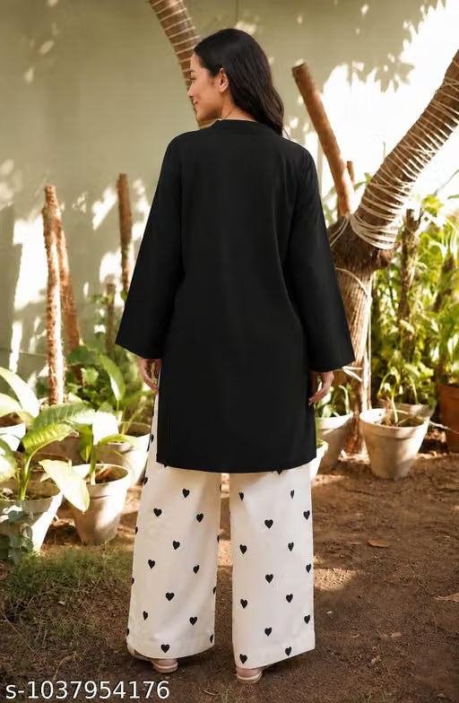 Women's Black Cotton Blend Kurta with Heart Print Palazzo Co-Ord Set