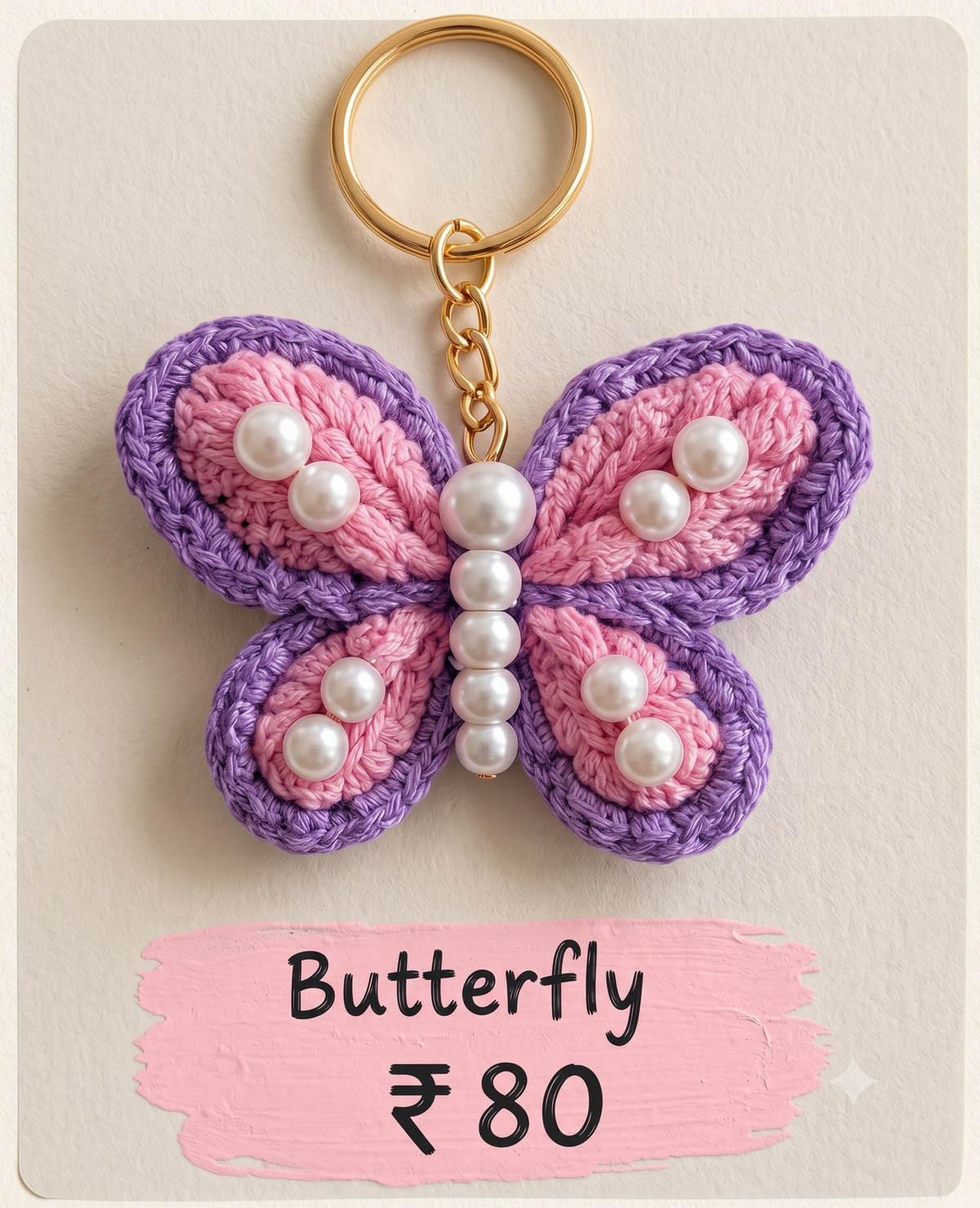 Handcrafted Crochet Butterfly Keychain with Pearl Accents