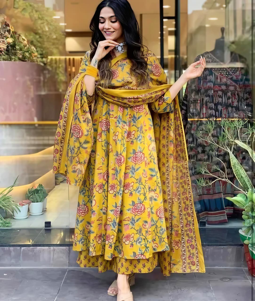Women's Mustard Rayon Kurta Set with Palazzo & Mulmul Dupatta