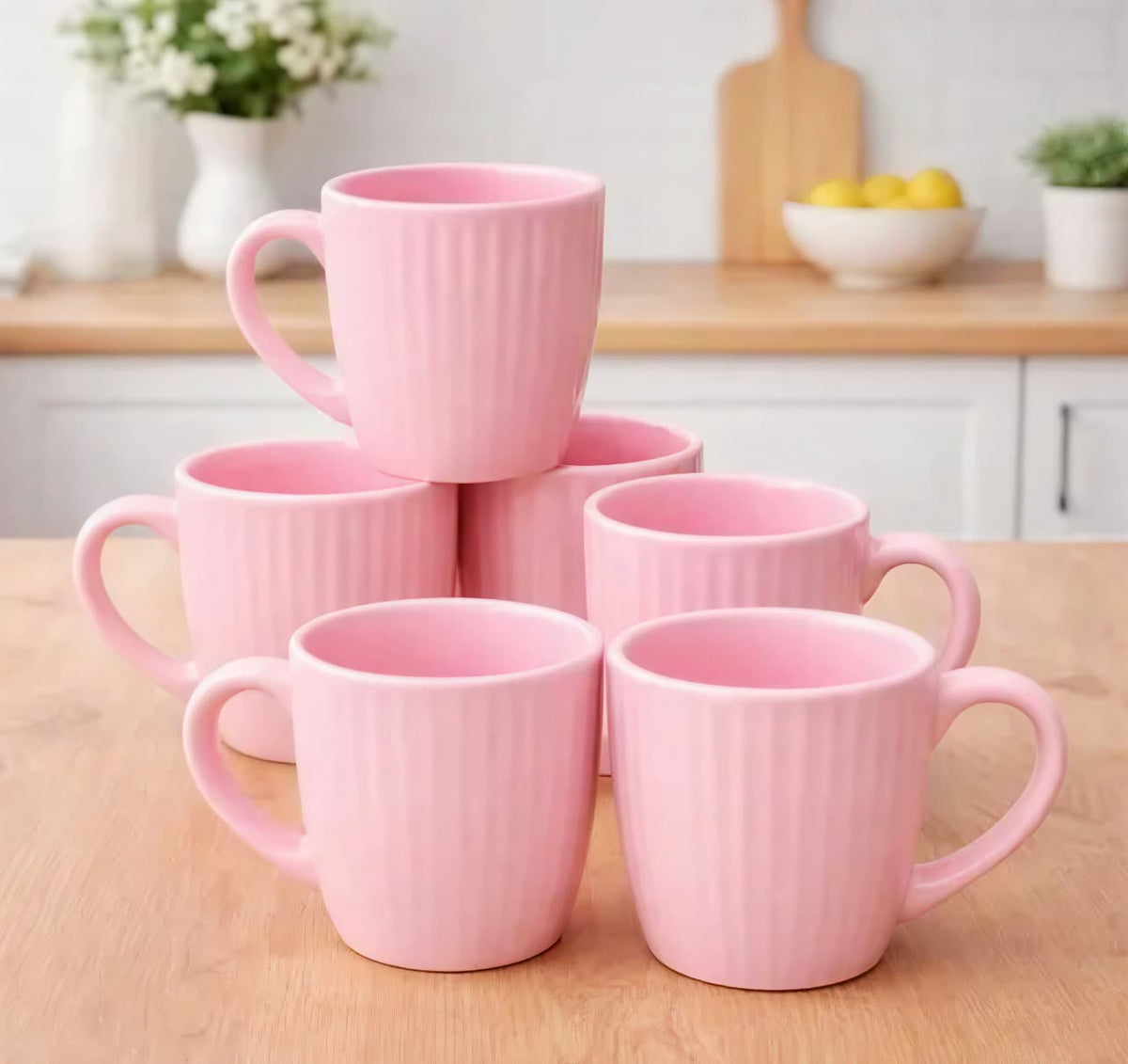 🌸☕ Kahana Pink Ceramic Tea & Coffee Cups Set of 6 – Ribbed Design