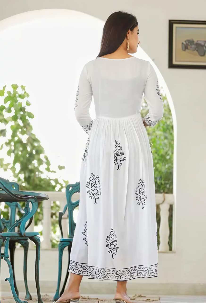 Women's Rayon Hand Block Printed Long Flared Anarkali Kurti