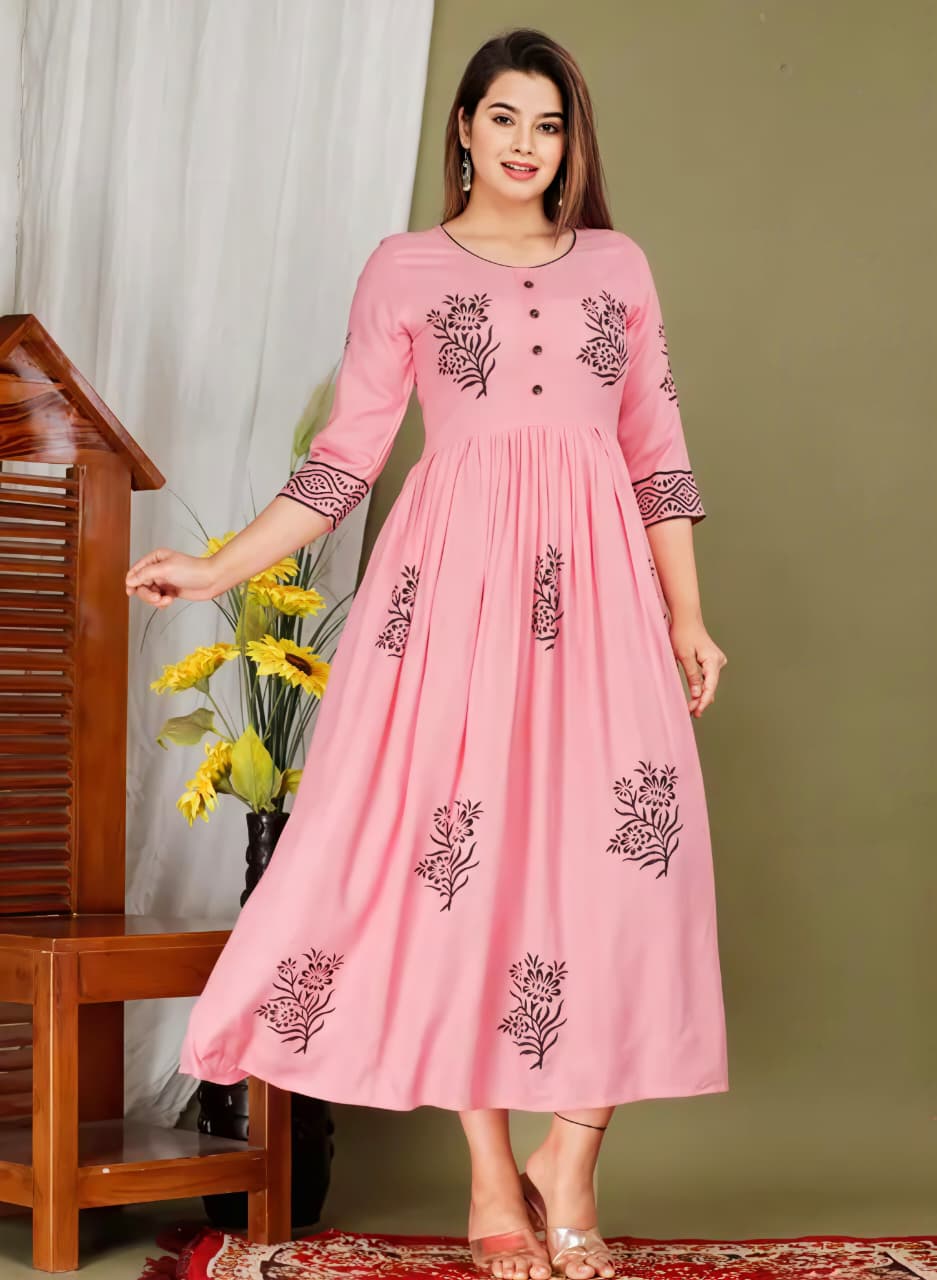 Fashion Women's Rayon Printed Jaipuri Kurta | Round Neck Block Print Ethnic Kurti for Daily & Festive Wear