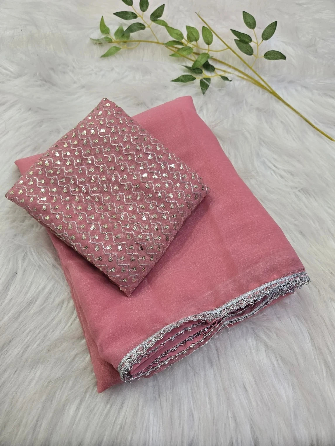 Women's Pink Organza Sequin Work Saree with Embroidered Blouse | Lightweight Bollywood Style Saree for Wedding & Festive Wear