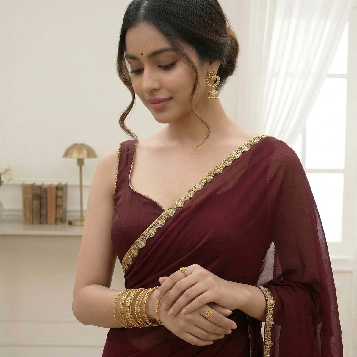 Maroon Georgette Embellished Saree with Zari & Bead Work