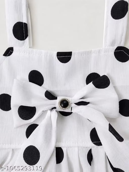 Girls White Polka Dot Sleeveless Frock Dress with Bow