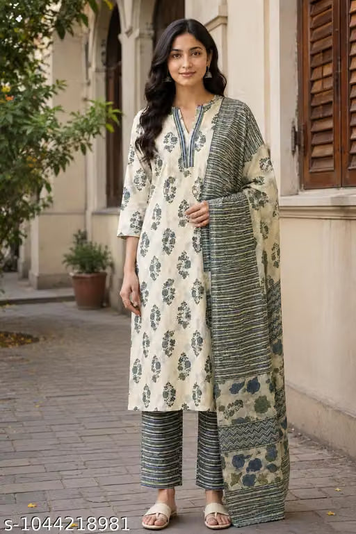 Women’s Cream Floral Printed Cotton Kurta Set with Green Dupatta