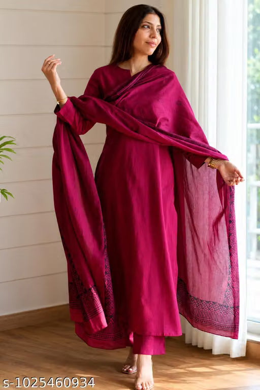 Elegant Pink Embroidered Kurti Set with Trousers & Chanderi Silk Dupatta