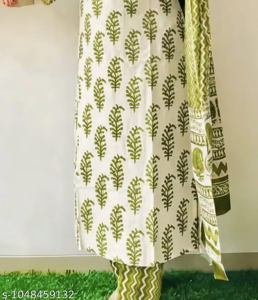 Ethnic Floral Block Printed Cotton Kurta Set with Green Dupatta – 3 Piece Set