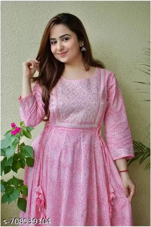 Trendy Pink Embroidered Rayon Long Gown Kurti for Women