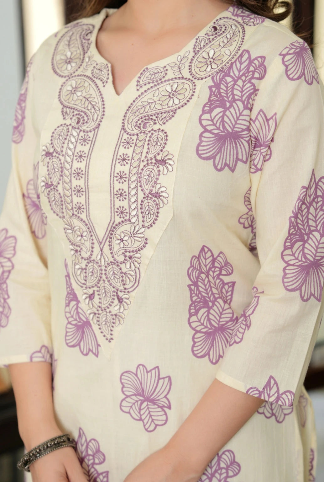 Women's Purple Cotton Floral Printed Kurti | Embroidered Festive & Party Wear