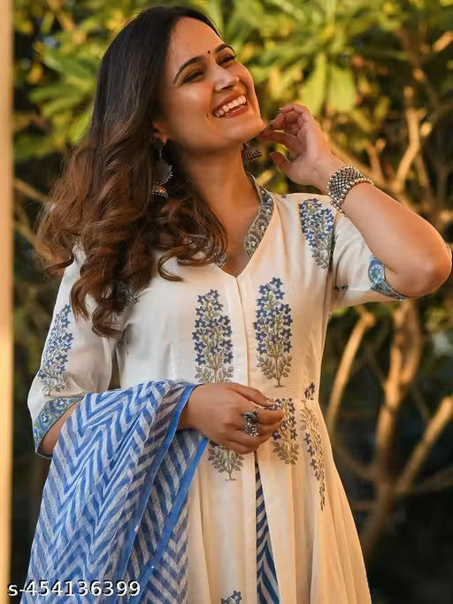 Women's Cotton Linen Anarkali Kurta Set with Dupatta & Bottomwear