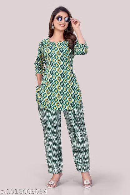 Women’s Printed Cotton Blend Kurta Pant Set – Daily Wear Ethnic Co-Ord Set