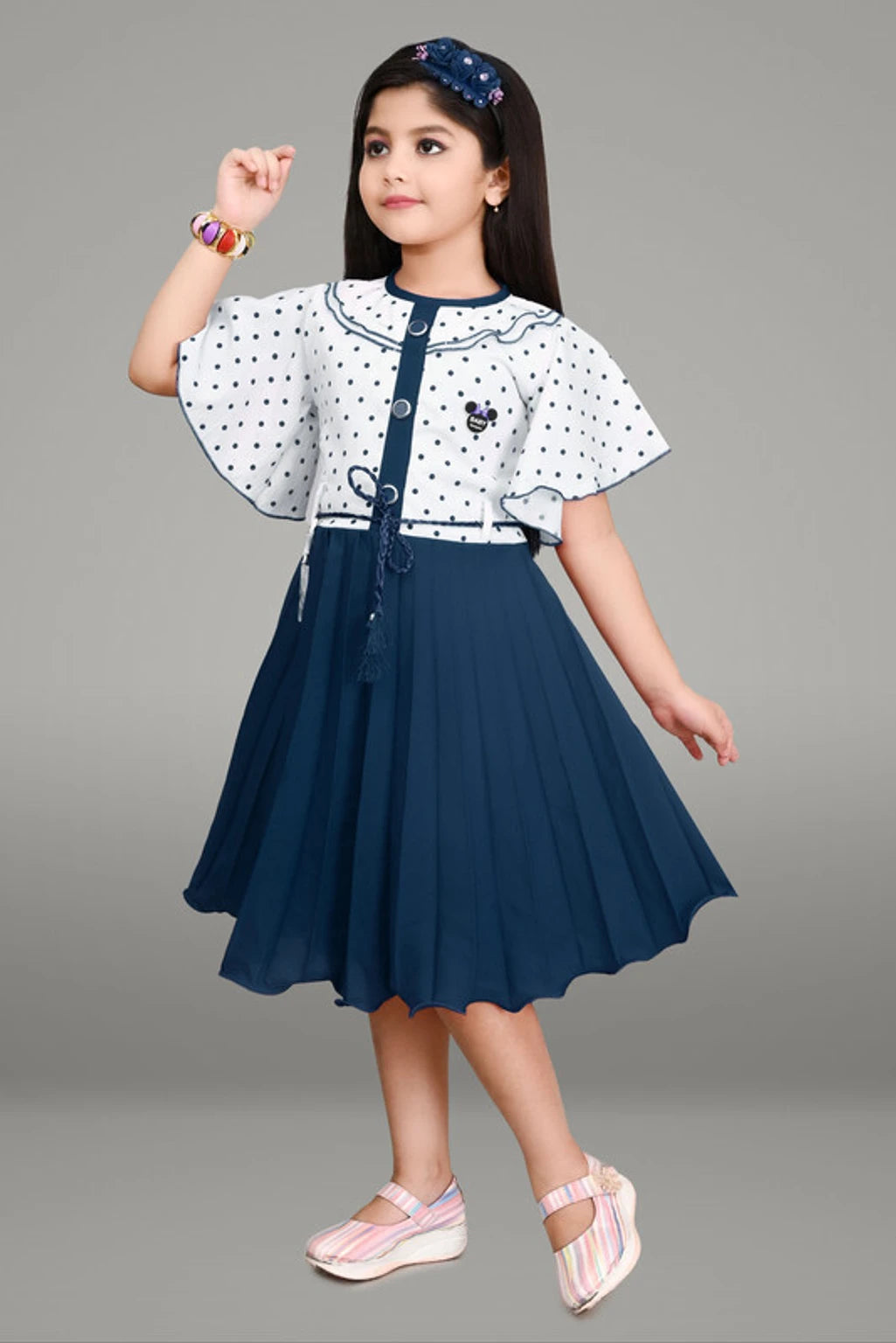 Girls' Blue Fit & Flare Cotton Blend Dress | Stylish Party Wear Below-Knee Dress