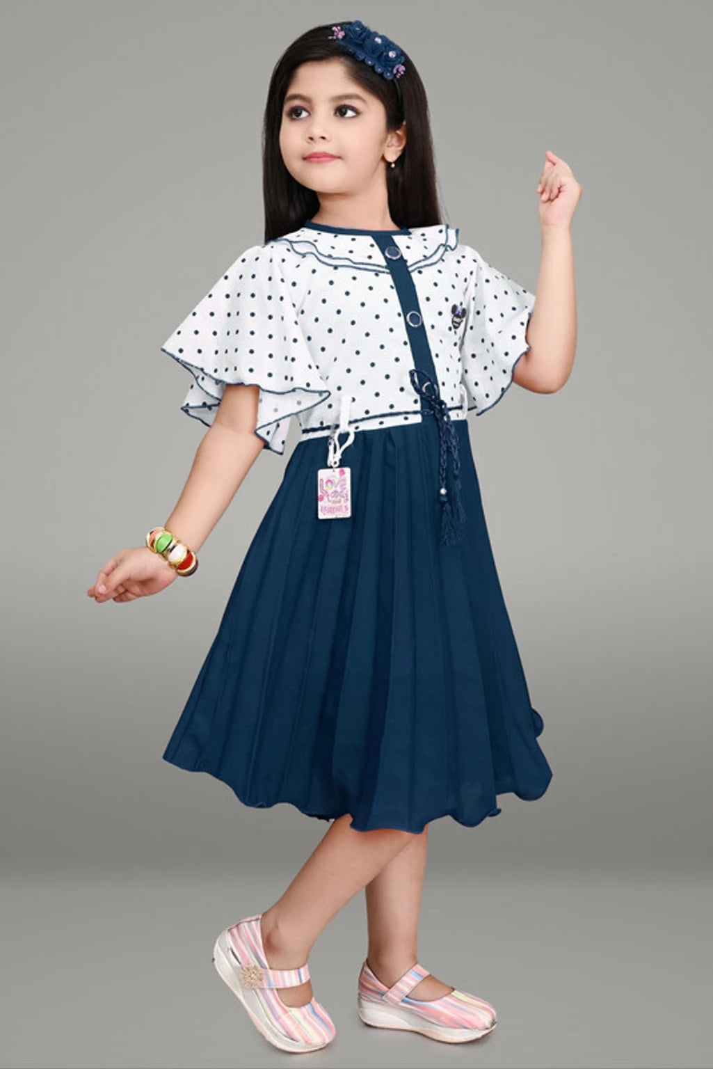 Girls' Blue Fit & Flare Cotton Blend Dress | Stylish Party Wear Below-Knee Dress