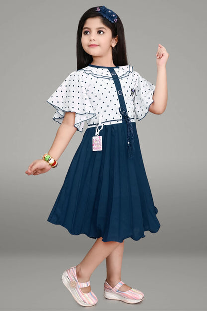 Girls' Blue Fit & Flare Cotton Blend Dress | Stylish Party Wear Below-Knee Dress