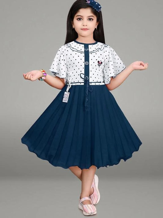 Girls' Blue Fit & Flare Cotton Blend Dress | Stylish Party Wear Below-Knee Dress