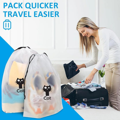 White Cat Printed Drawstring Travel Organizer Bags – Set of 6/10