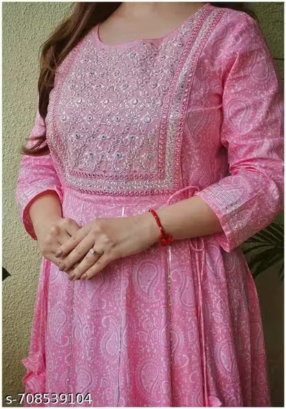 Trendy Pink Embroidered Rayon Long Gown Kurti for Women