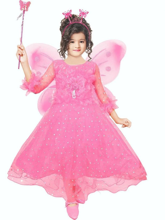 Girls' Pink Printed Fit & Flare Maxi Dress | Festive & Wedding Party Wear