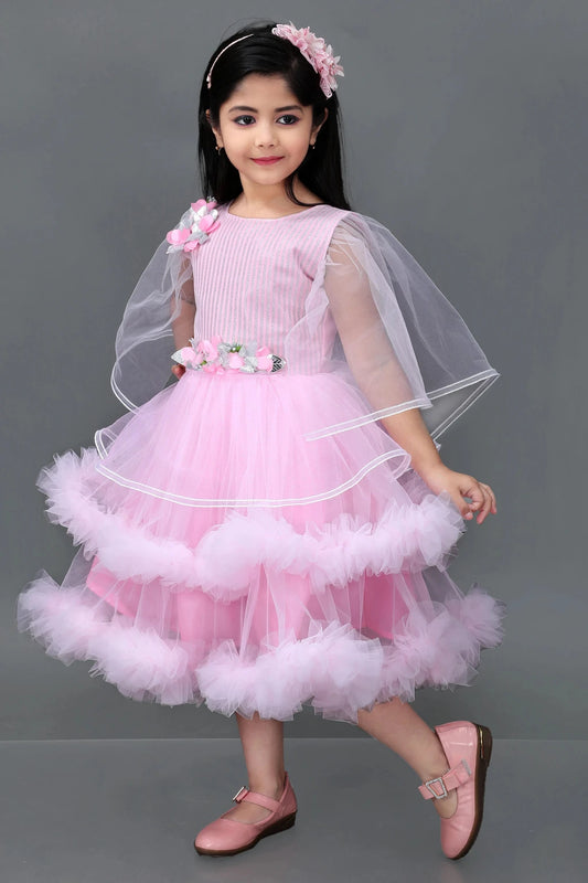 Girls' Pink & Sky Blue Net Fit & Flare Dress | Elegant Party, Festive & Wedding Wear