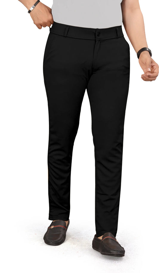 Men's Black Slim Fit Lycra Blend Casual Trousers | Stretch Chino Pants for Everyday Wear