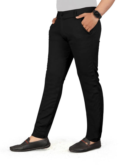 Men's Black Slim Fit Lycra Blend Casual Trousers | Stretch Chino Pants for Everyday Wear