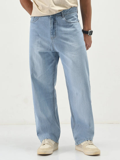 Urbano Fashion Men Loose Fit Mid Rise Light Blue Jeans | 100% Cotton Denim Mid-(FK)