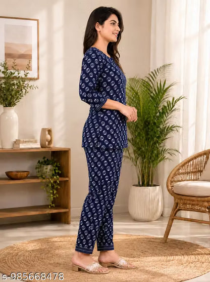 Blue Floral Co-ord Outfit – Rayon Top & Bottom Set