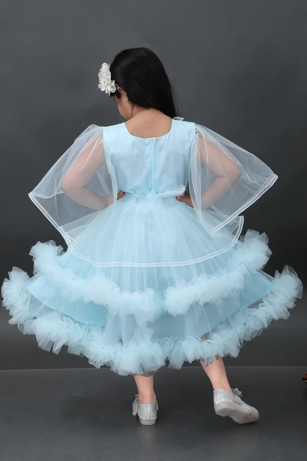 Girls' Pink & Sky Blue Net Fit & Flare Dress | Elegant Party, Festive & Wedding Wear