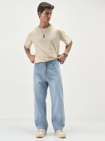 Urbano Fashion Men Loose Fit Mid Rise Light Blue Jeans | 100% Cotton Denim Mid-(FK)