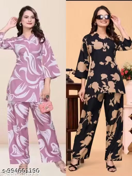 2-Set Women's Printed Crepe High-Low Kurta with Trousers | 2-Piece Ethnic Co-Ord Set for Daily & Festive Wear