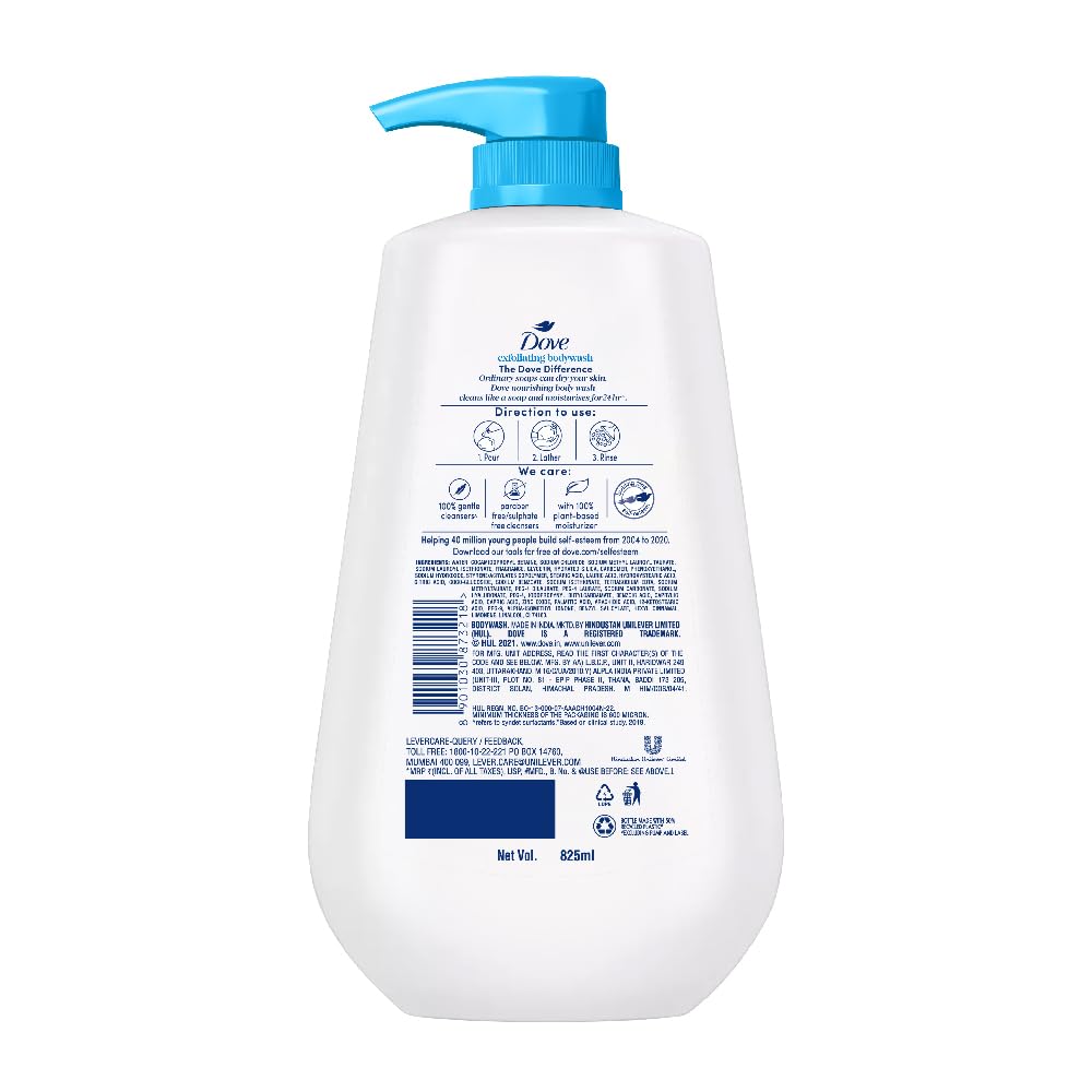 DOVE Exfoliating Bodywash, 825ml, for Smooth Radiant Skin, with Triple Hydration Serum & Glycerine, Dermatologically Tested, Paraben & Sulphate-Free, for Men and Women