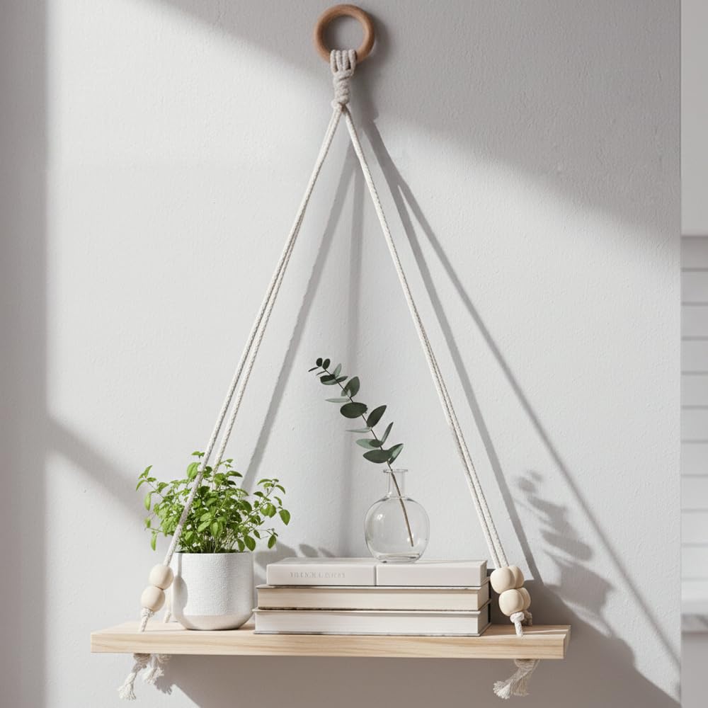Decazone ® Macrame Wall Hanging Shelf Wood Floating Shelves with Wooden Dowel Modern Chic Woven Decor for Dorm Living Room Nursery Beige 55 x 43 cm (Wall Decor)