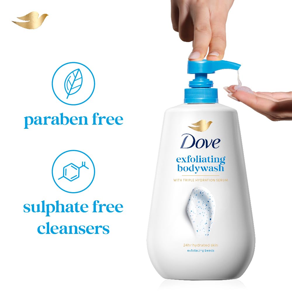 DOVE Exfoliating Bodywash, 825ml, for Smooth Radiant Skin, with Triple Hydration Serum & Glycerine, Dermatologically Tested, Paraben & Sulphate-Free, for Men and Women