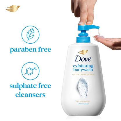DOVE Exfoliating Bodywash, 825ml, for Smooth Radiant Skin, with Triple Hydration Serum & Glycerine, Dermatologically Tested, Paraben & Sulphate-Free, for Men and Women