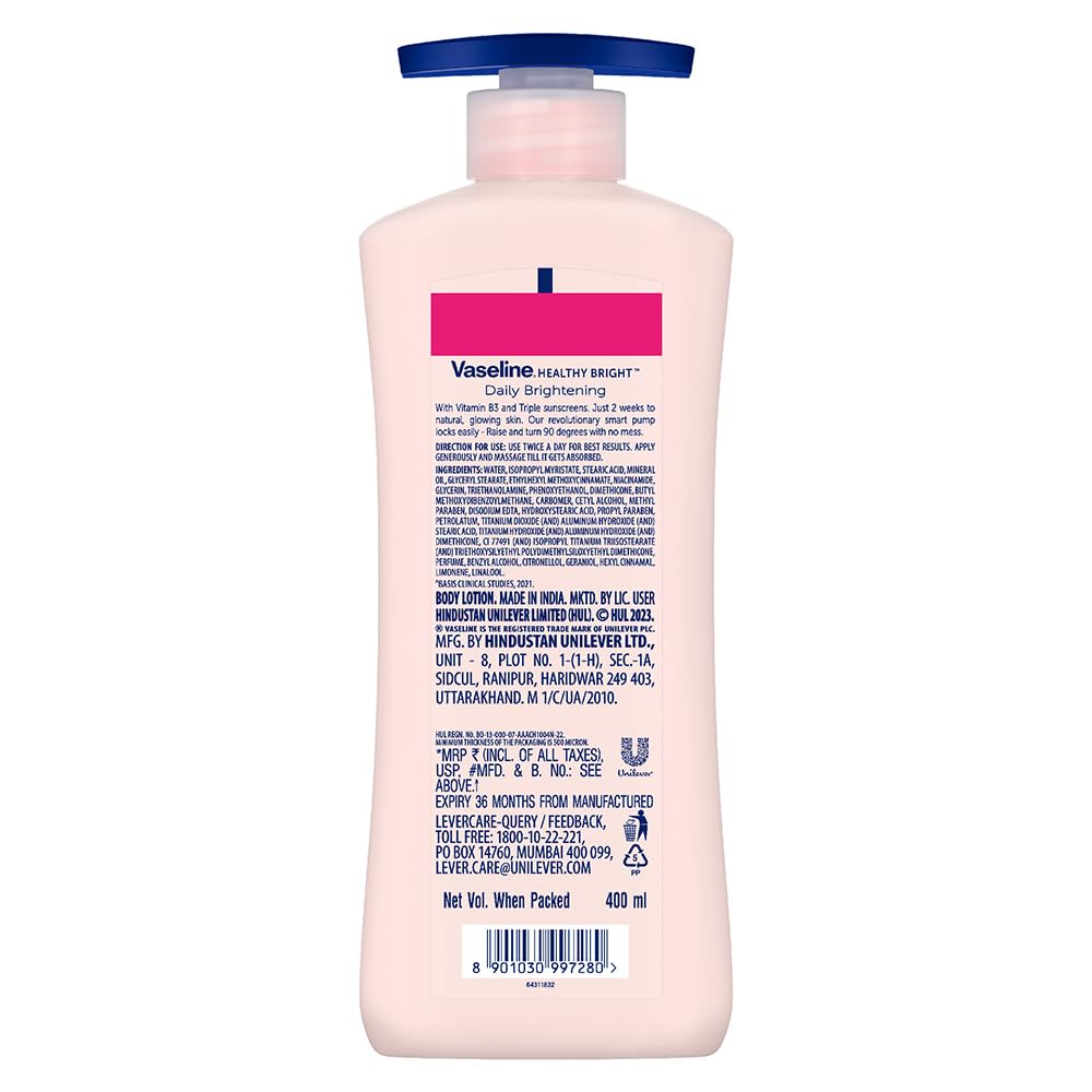Vaseline Daily Brightening Body Lotion For Healthy & Glowing Skin with Niacinamide 400ml (Pack of 1)