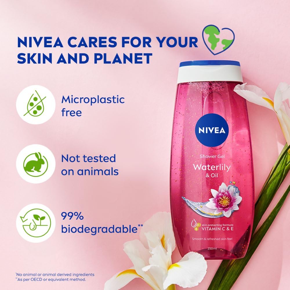 NIVEA Waterlily & Oil 250ml Body Wash| Shower Gel with Care Oil Pearls| Refreshing Scent of Waterlily Flower|Clean, Healthy & Moisturized Skin
