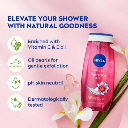 NIVEA Waterlily & Oil 250ml Body Wash| Shower Gel with Care Oil Pearls| Refreshing Scent of Waterlily Flower|Clean, Healthy & Moisturized Skin
