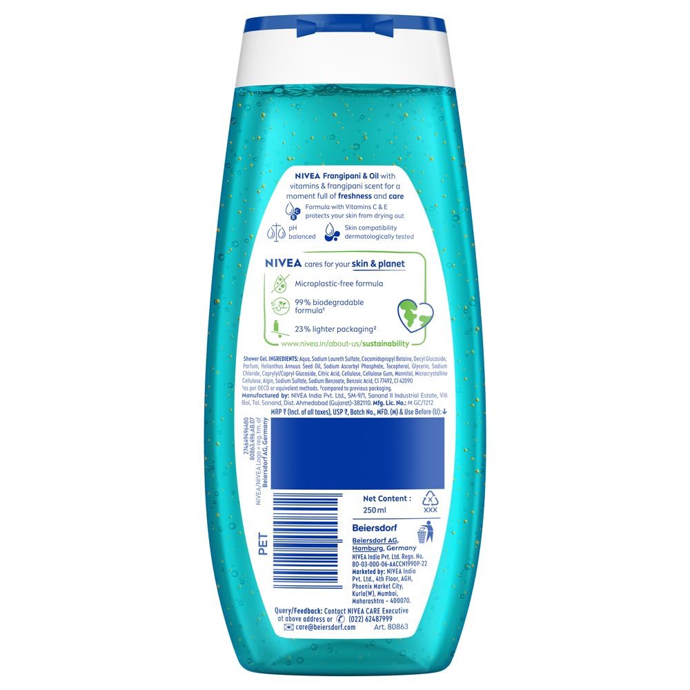 NIVEA Frangipani & Oil 250ml Body Wash| Shower Gel with Care Oil Pearls| Refreshing Scent of Frangipani Flower|Clean, Healthy & Moisturized Skin