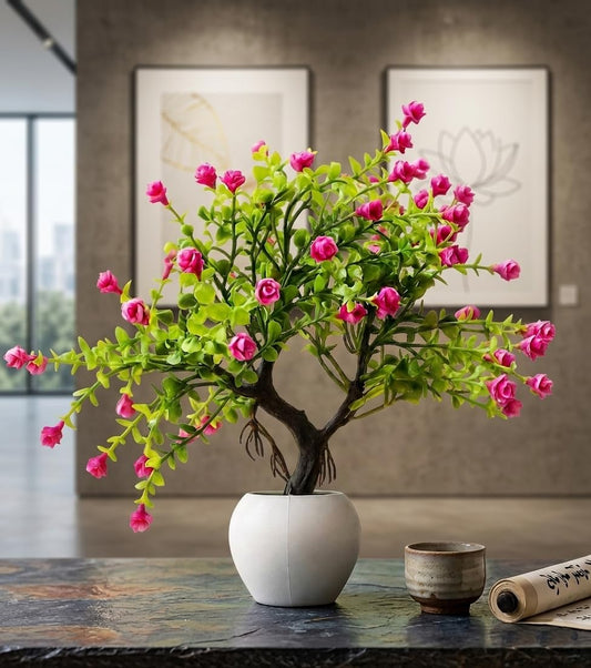 Artificial Pink Flower Bonsai Plant In White Pot , Faux Plant For Home Décoration , Living Room Decoration , Indoor Plant , Flower Pot For Garden , Tabletop Décor , Gift Item , Indoor & Outdoor Decor