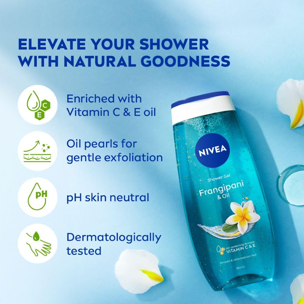 NIVEA Frangipani & Oil 250ml Body Wash| Shower Gel with Care Oil Pearls| Refreshing Scent of Frangipani Flower|Clean, Healthy & Moisturized Skin
