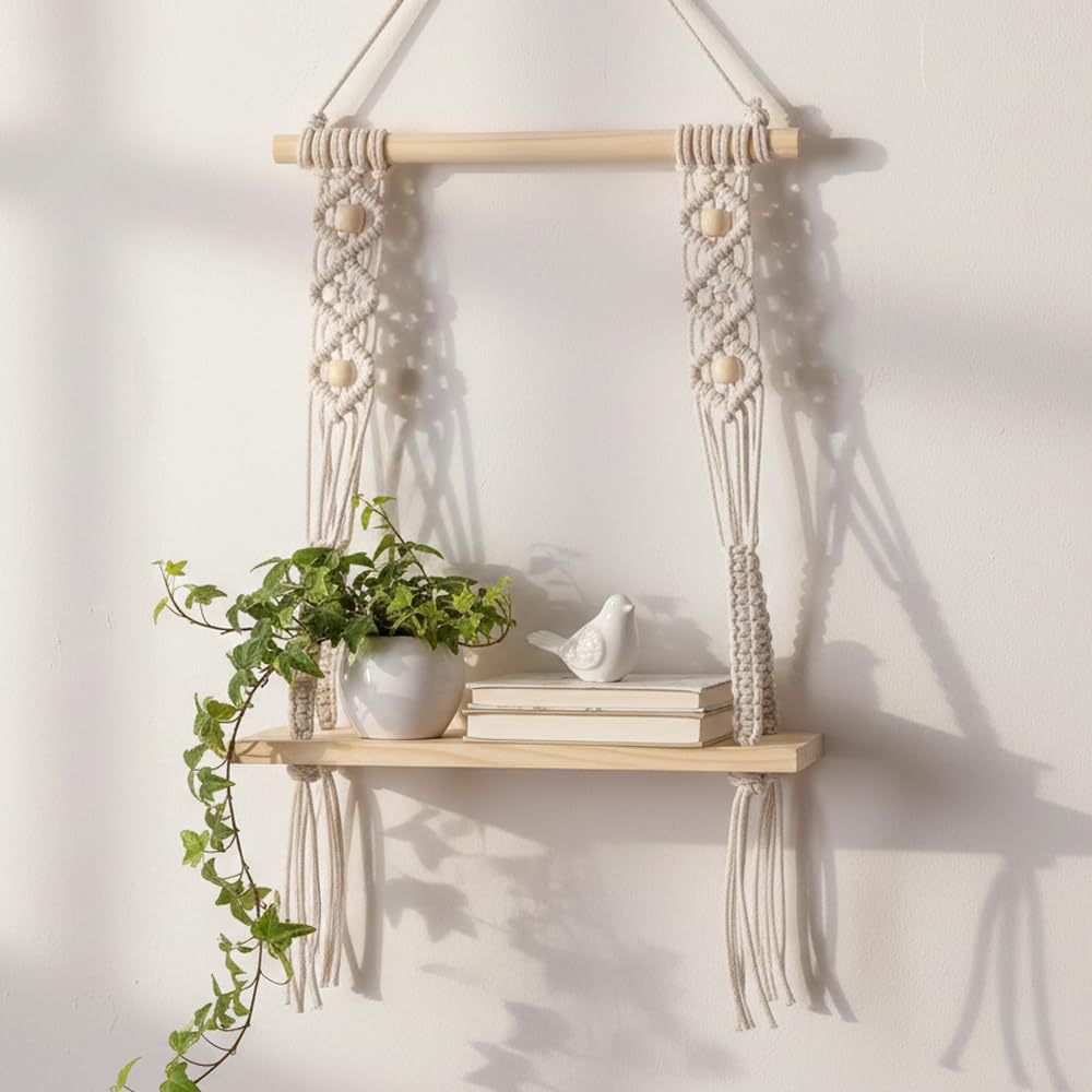 Decazone ® Macrame Wall Hanging Shelf Wood Floating Shelves with Wooden Dowel Modern Chic Woven Decor for Dorm Living Room Nursery Beige 55 x 43 cm (Wall Decor)