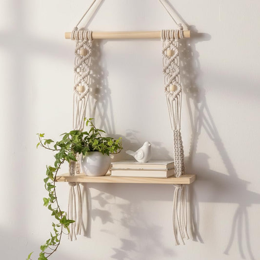 Decazone ® Macrame Wall Hanging Shelf Wood Floating Shelves with Wooden Dowel Modern Chic Woven Decor for Dorm Living Room Nursery Beige 55 x 43 cm (Wall Decor)