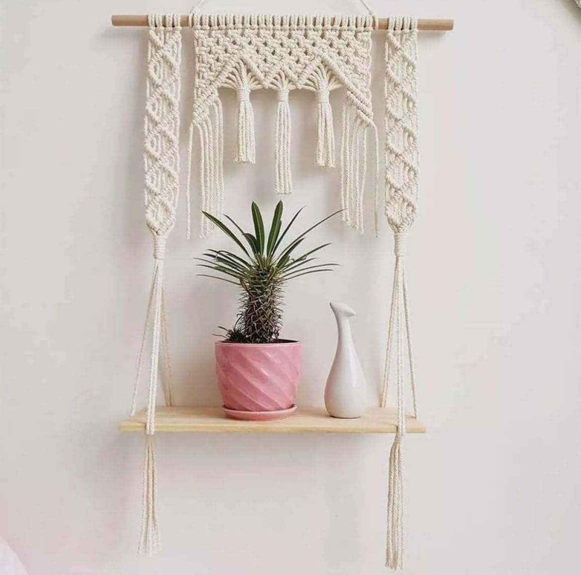 Decazone ® Macrame Wall Hanging Shelf Wood Floating Shelves with Wooden Dowel Modern Chic Woven Decor for Dorm Living Room Nursery Beige 55 x 43 cm (Wall Decor)