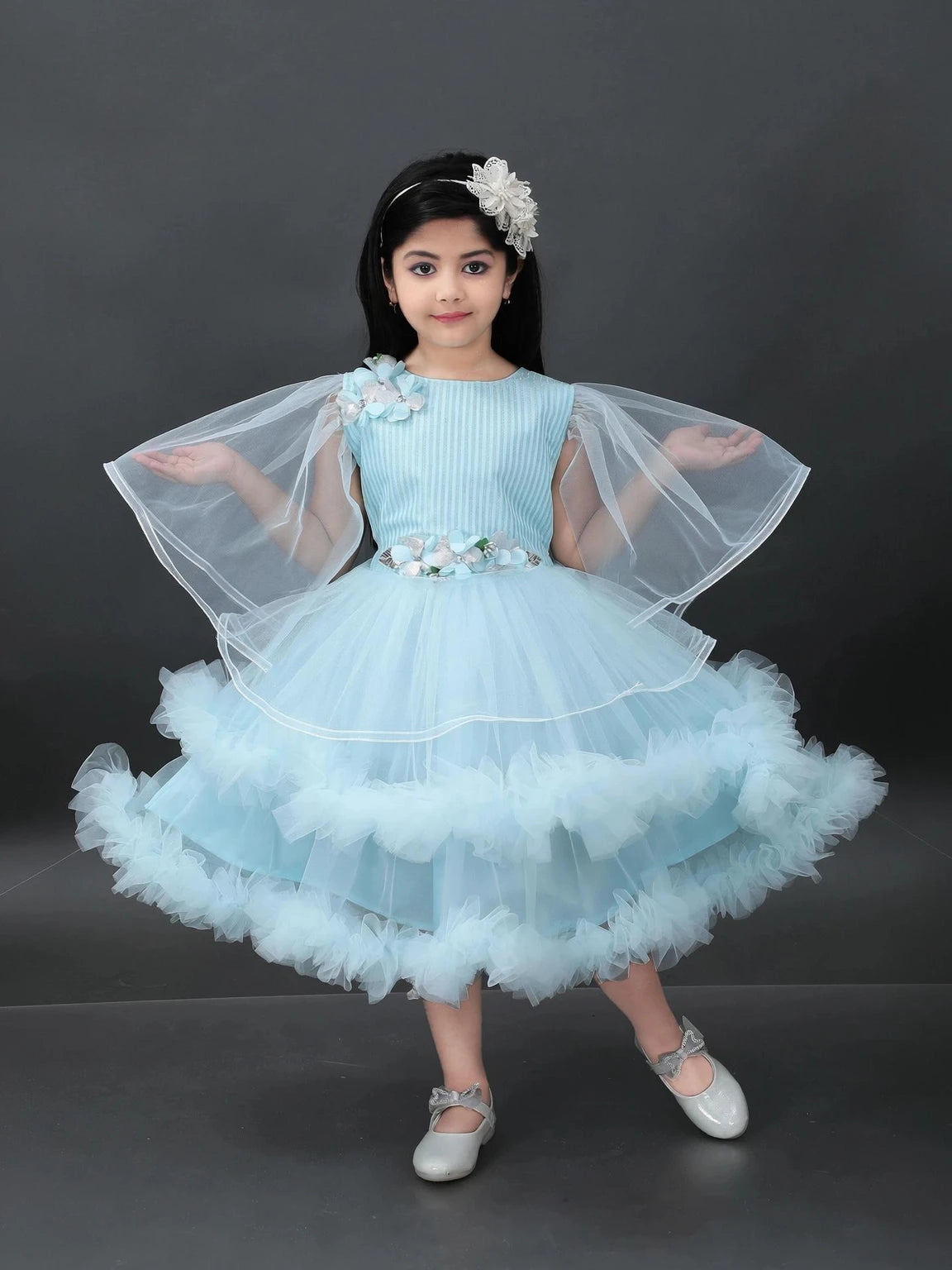 Girls' Pink & Sky Blue Net Fit & Flare Dress | Elegant Party, Festive & Wedding Wear