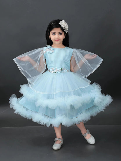 Girls' Pink & Sky Blue Net Fit & Flare Dress | Elegant Party, Festive & Wedding Wear