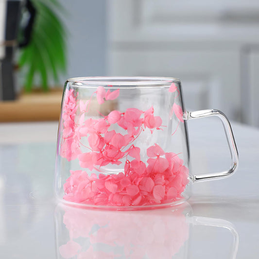 Premium Double-Walled Borosilicate Glass Cup 200ml | Insulated Tea, Coffee & Juice Mug with Dried Pink Flowers