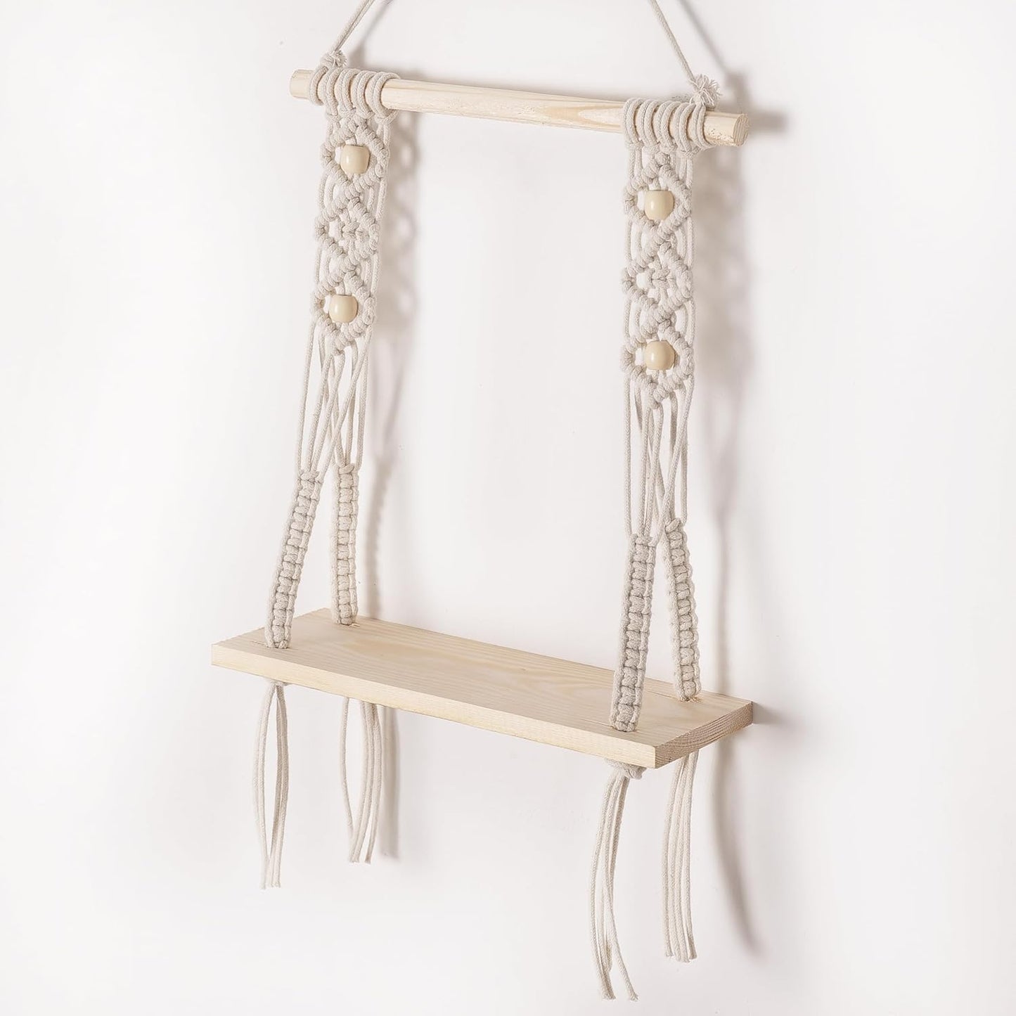 Decazone ® Macrame Wall Hanging Shelf Wood Floating Shelves with Wooden Dowel Modern Chic Woven Decor for Dorm Living Room Nursery Beige 55 x 43 cm (Wall Decor)