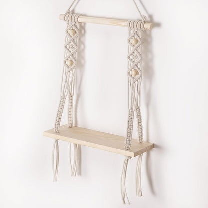 Decazone ® Macrame Wall Hanging Shelf Wood Floating Shelves with Wooden Dowel Modern Chic Woven Decor for Dorm Living Room Nursery Beige 55 x 43 cm (Wall Decor)