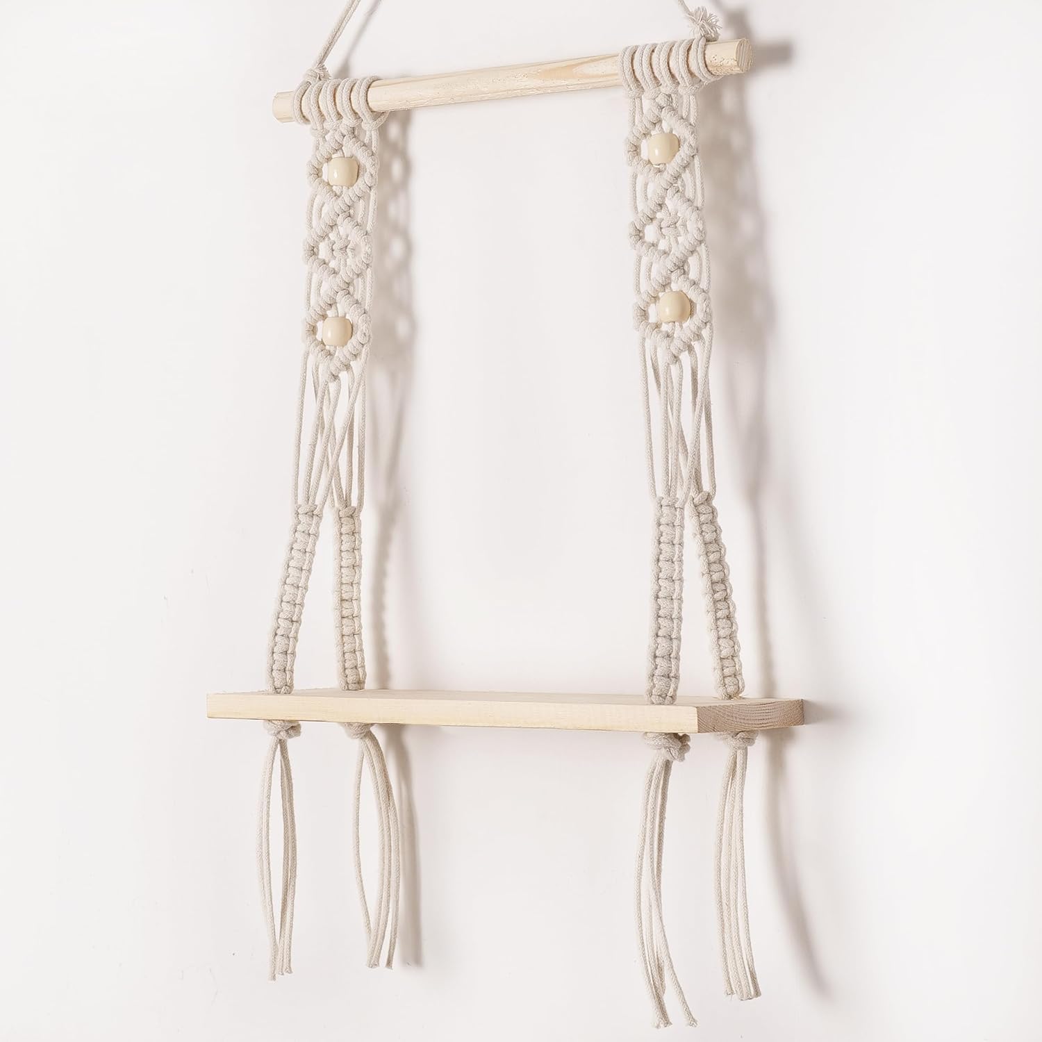 Decazone ® Macrame Wall Hanging Shelf Wood Floating Shelves with Wooden Dowel Modern Chic Woven Decor for Dorm Living Room Nursery Beige 55 x 43 cm (Wall Decor)